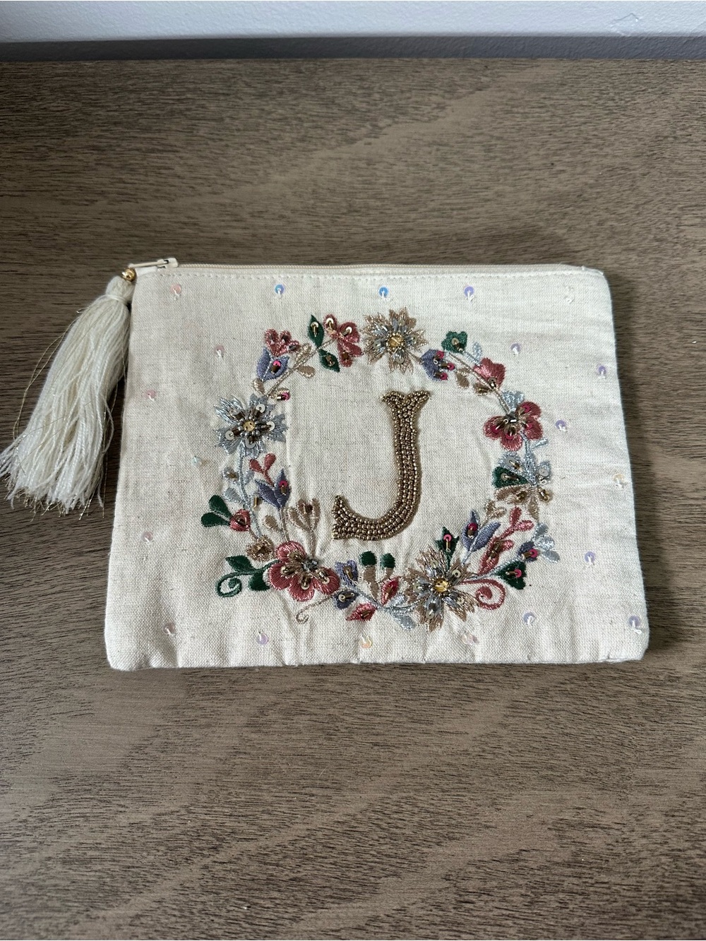 Cream Floral Embroidered Cosmetic Pouch with Initial J